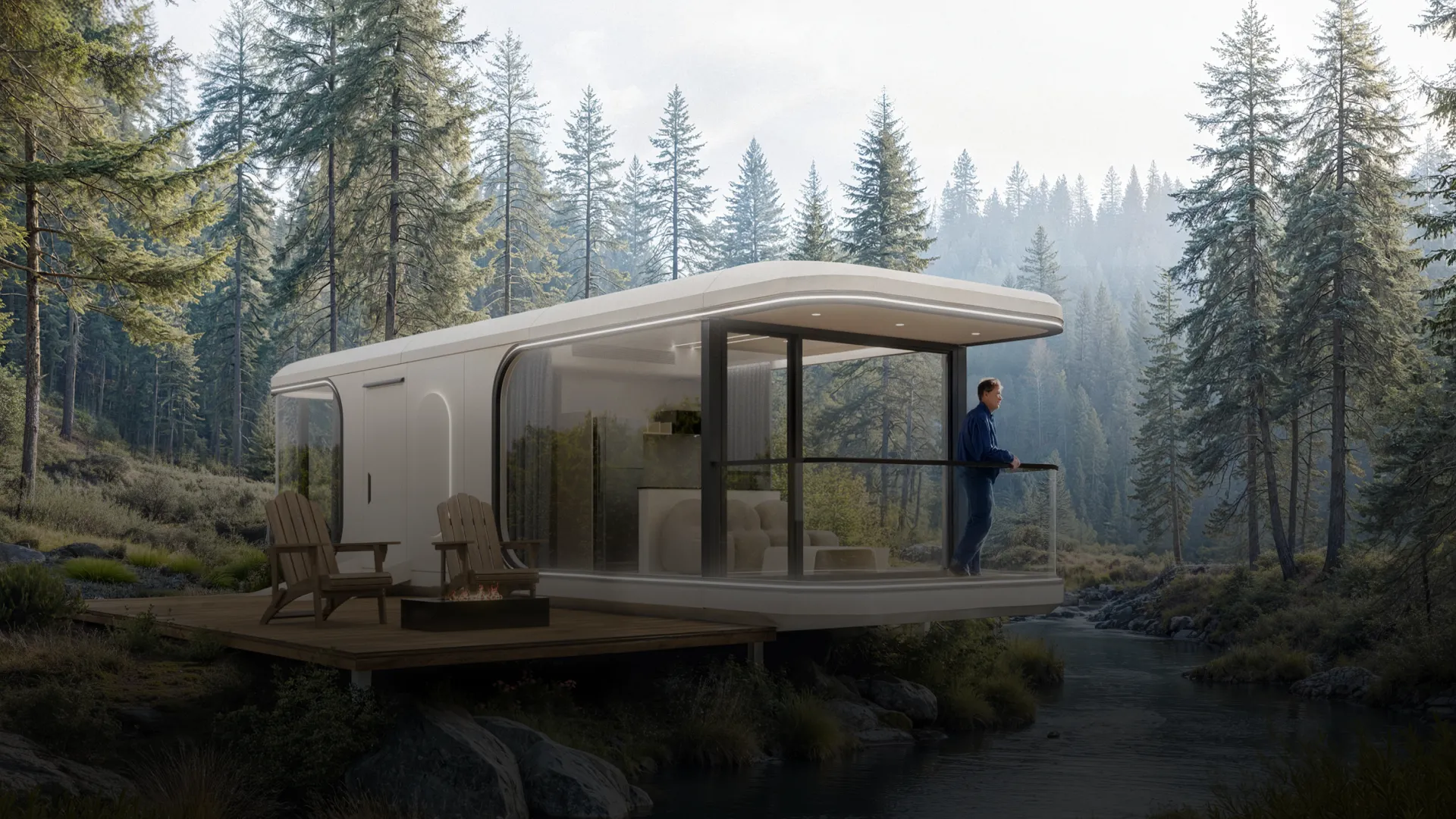 Cápsula Aura instalada en bosque de pinos — unidad habitable modular de diseño