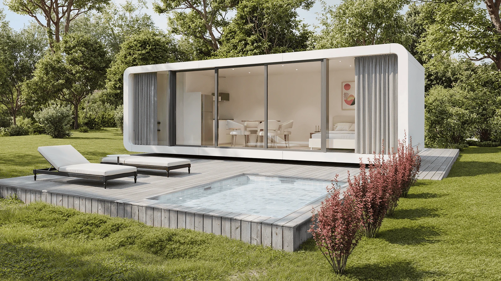 Cápsula Aura Y1 — 27 m² fachada vidriada minimalista